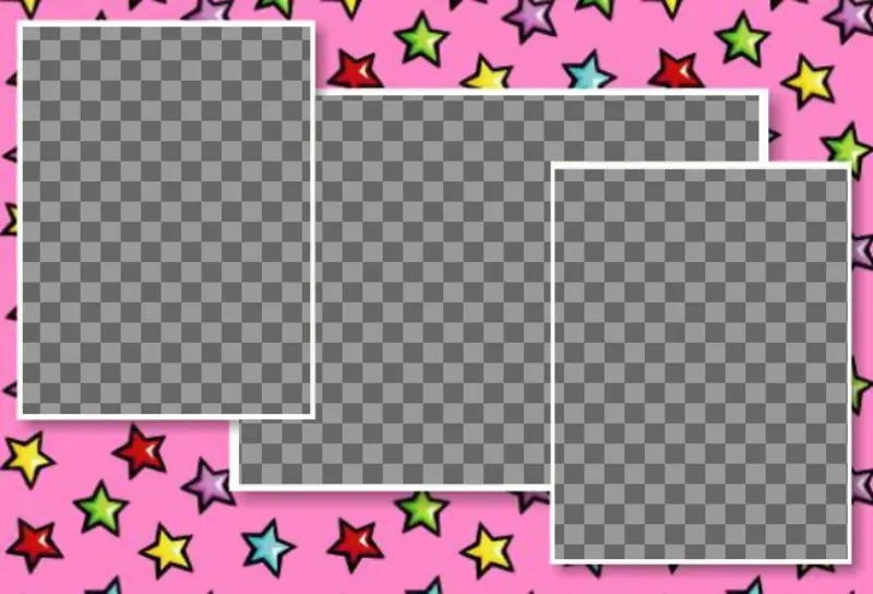 carte d'anniversaire personnalisé avec 3 photos. fond rose avec des étoiles colorées. Envoyer les trois photos et envoyer des..