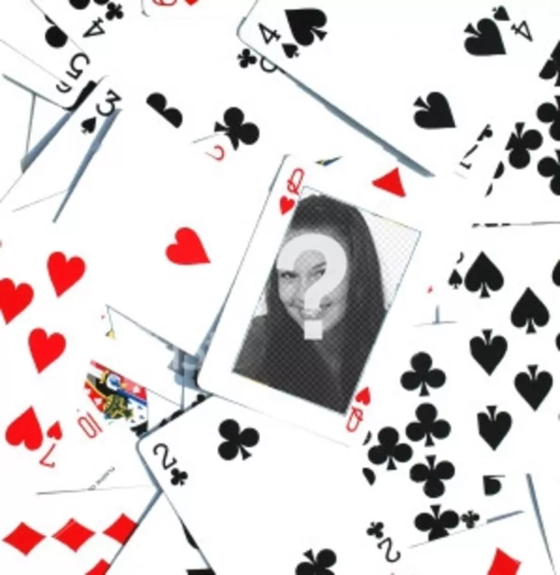 Photomontage constitué un lot de cartes de poker renversé en désordre, avec un Q de coeurs dans le centre de l'image. Dans ce menu, vous pouvez insérer une..