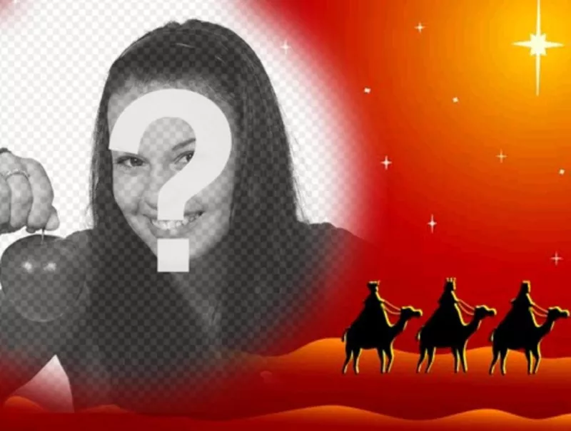 Carte de Noël dans laquelle votre photo apparaîtra dans un cadre circulaire avec effet de dégradé sur les bords, sur un tableau de couleurs chaudes représentant les trois sages sur des chameaux..