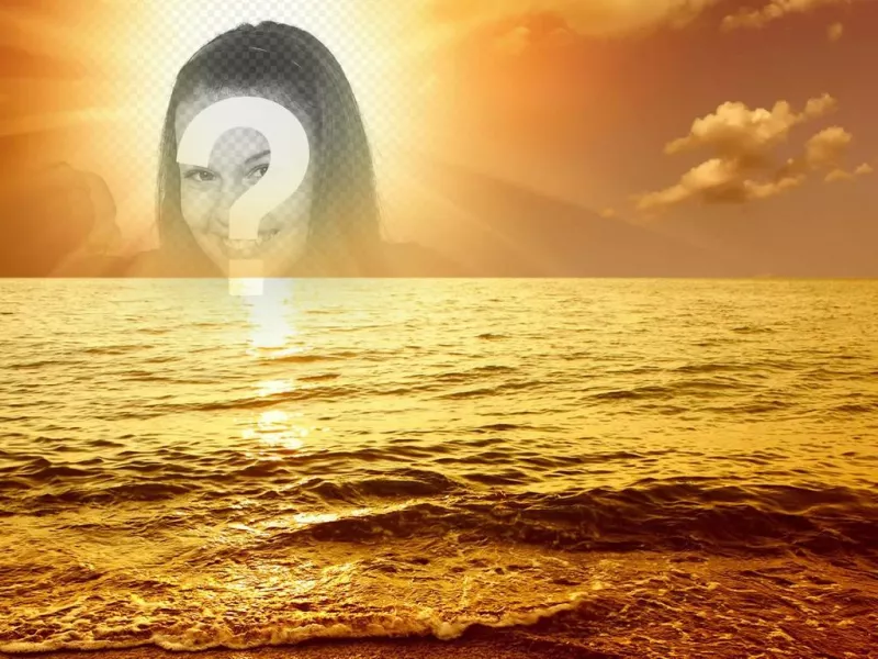 Photomontage avec un port de plaisance le coucher du soleil, où une face de coupe ou de l'image apparaît au centre du soleil, se baigner dans une lumière dorée une houle..