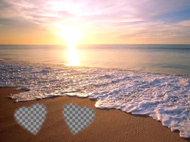 Mettre deux images dans le sable sur la plage avec un fond coucher de soleil à la..