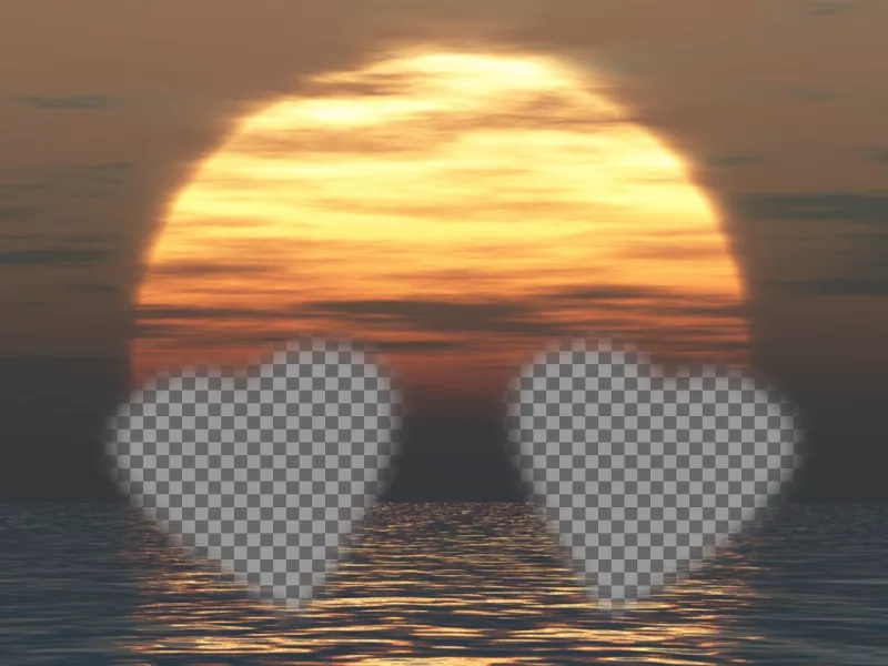 Carte personnalisable avec deux photos en forme de cœur avec un coucher du soleil et le fond..