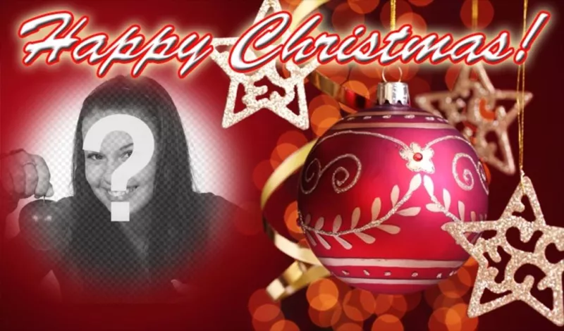 Message à féliciter Noël avec NOËL HEUREUX texte et le fond rouge avec une boule de Noël. Mettez votre photo au..