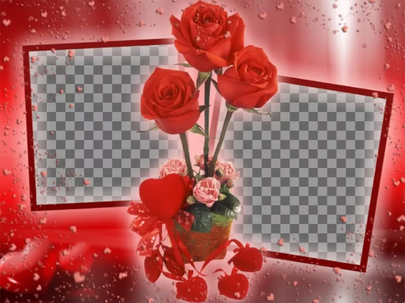 Cadre photo où vous pouvez mettre deux images qui semblent reliés entre eux par des roses. fond rouge avec des..