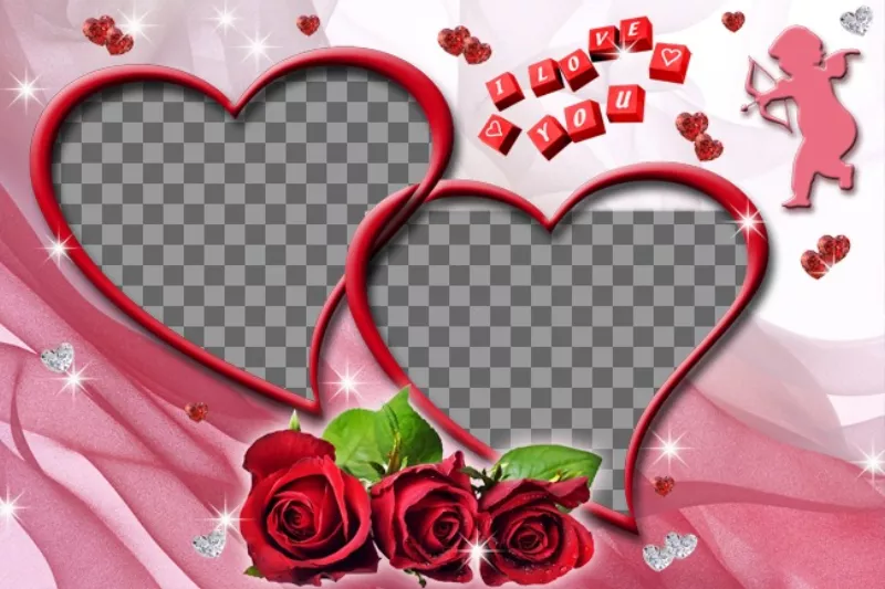 Montage de deux photos de coeur en forme de roses et fond..