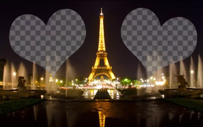 Photomontage avec la tour Eiffel illuminée à Paris et deux coeurs où placer vos..
