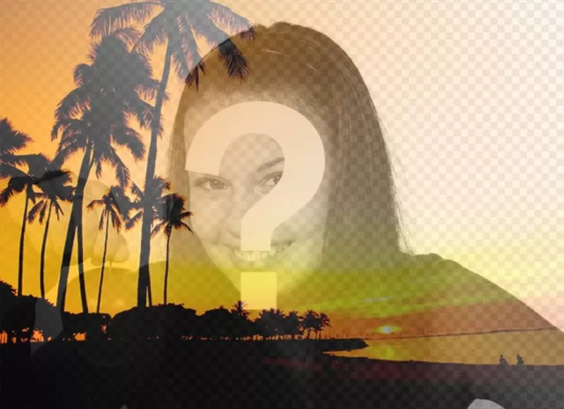 Créer un collage avec un paysage d'été avec une plage et des palmiers avec des tons orange et une photo de vous en ligne et..