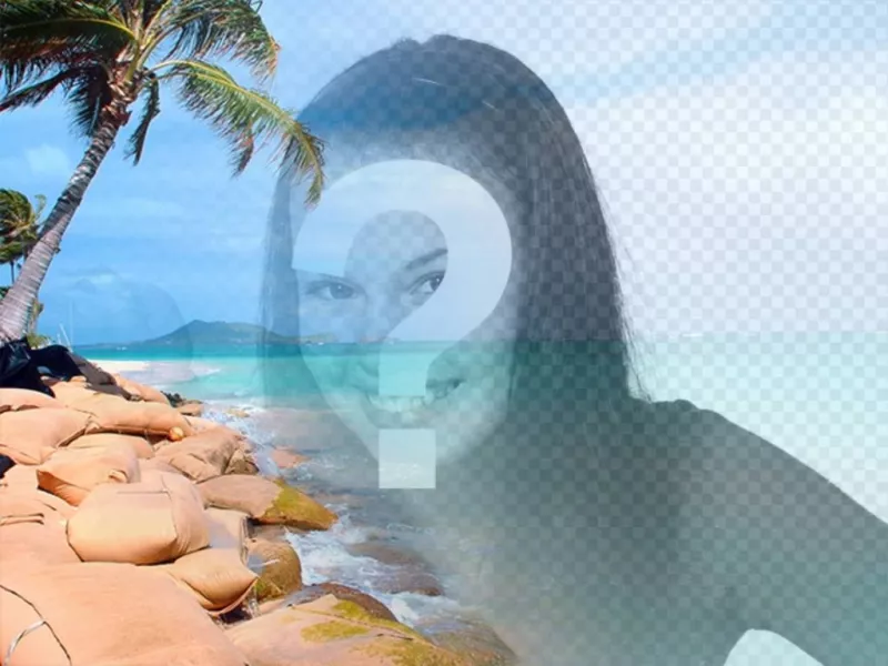 Collage avec une plage paradisiaque avec une eau bleue et de palmiers pour mettre votre photo et personnaliser avec du..