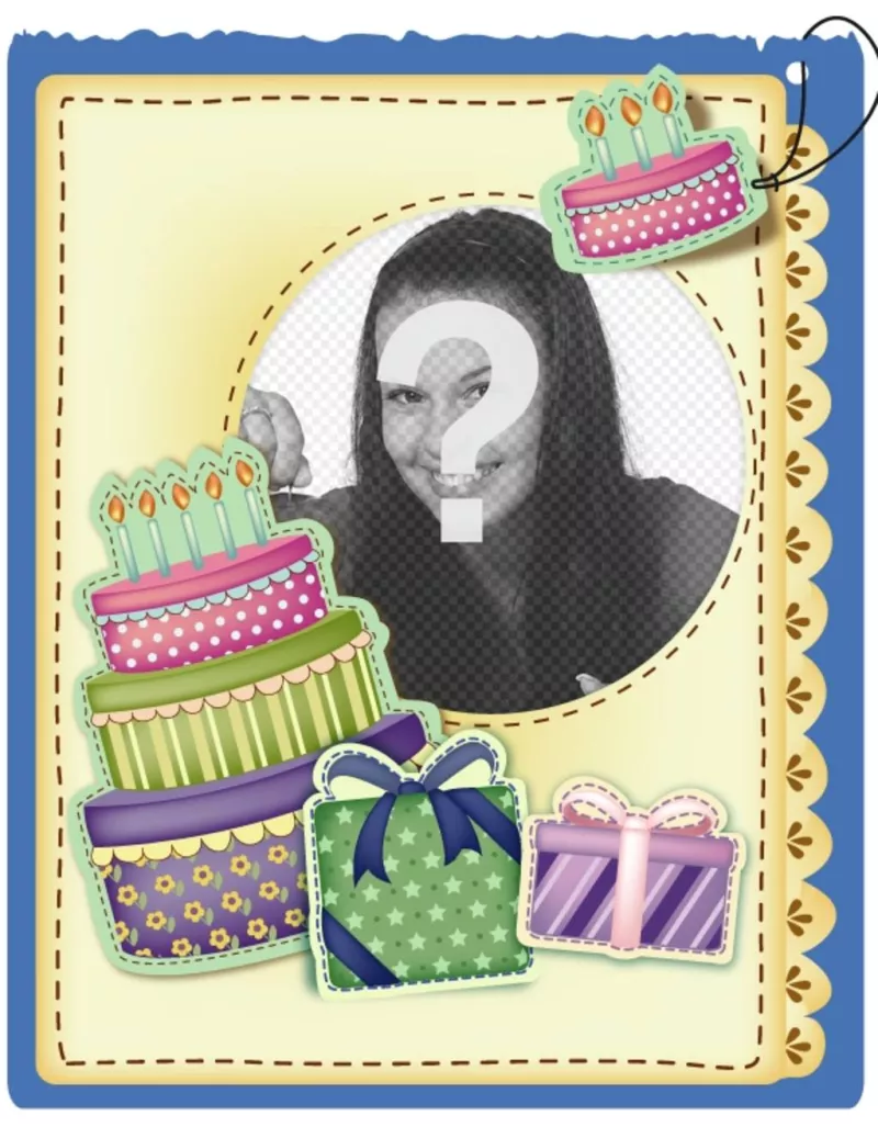 Carte d'anniversaire avec gâteau et des cadeaux effet autocollant mettre l'image et les mots de vous accueillir..