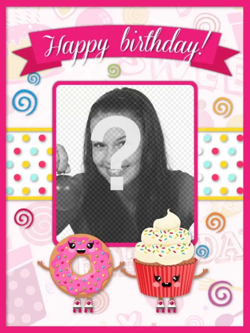 Carte d'anniversaire personnalisable décoré avec des dessins kawaii rose et petits gâteaux avec un visage..