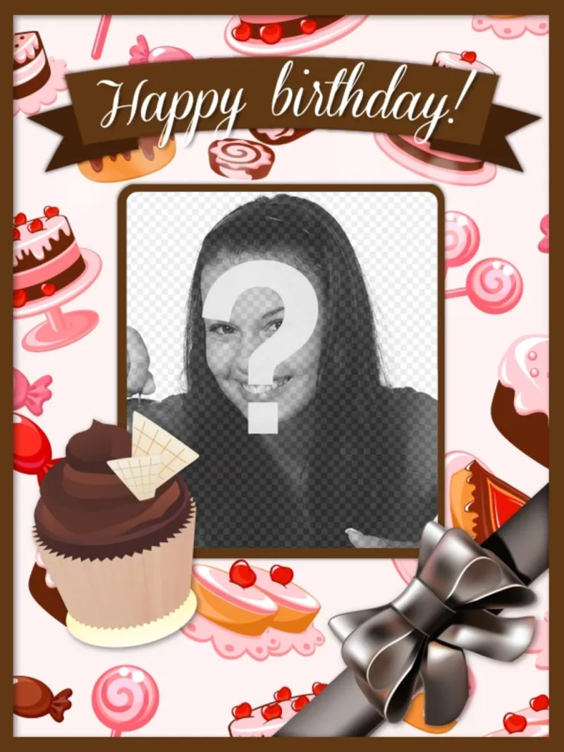 Carte postale d'anniversaire avec une photo et un texte de personnaliser et de gâteaux petits gâteaux roses et les bruns et un grand..