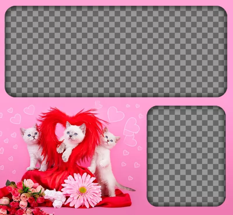 Photomontages romantique avec les chatons et les coeurs avec un fond rose pour placer deux images de lamour. ..
