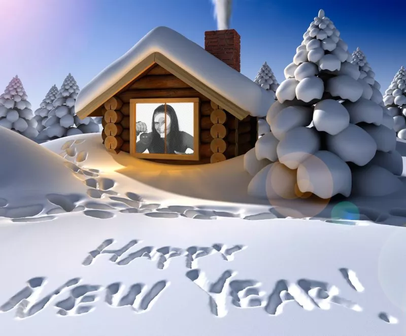 Carte originale la nouvelle année salutation écrit sur la neige avec votre photo à lintérieur dune maison de neige. ..