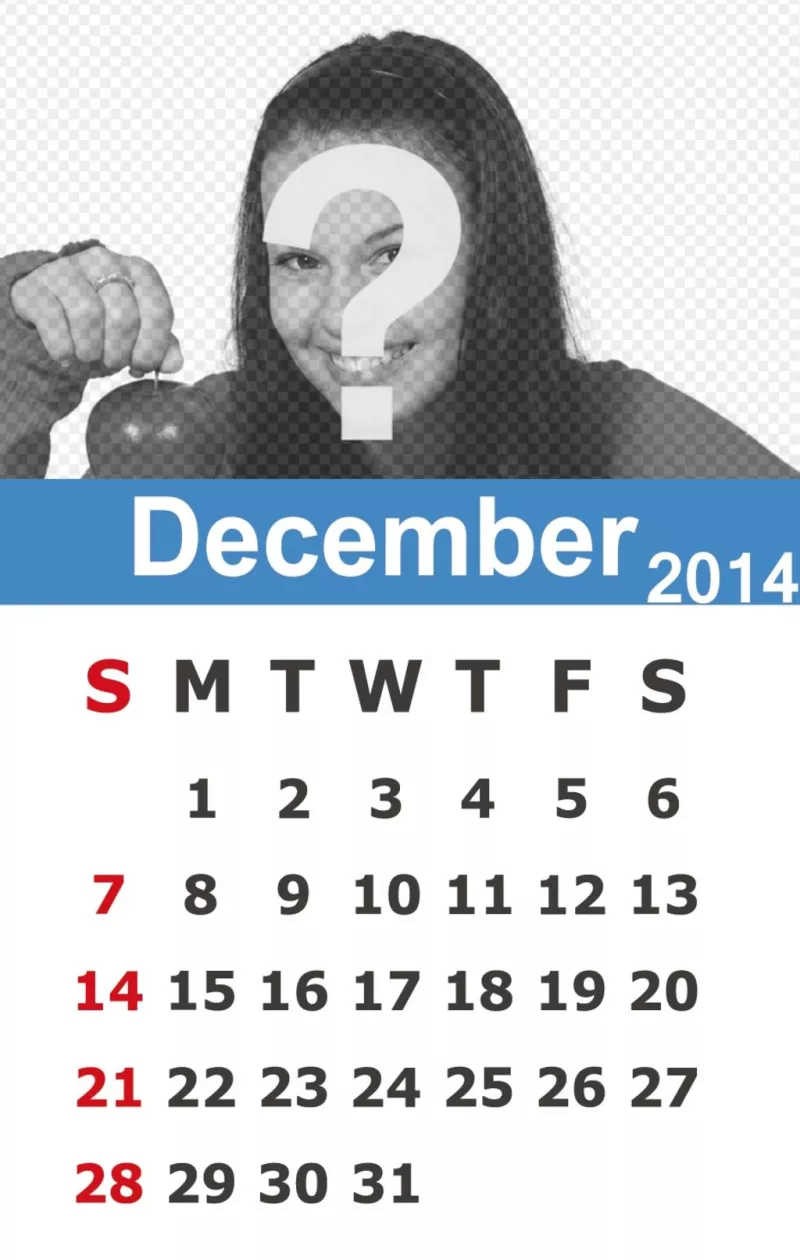 Calendrier pour Décembre 2014, avec une photo de fond et..