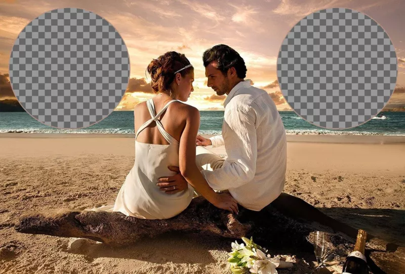 Collage avec une romantique couples de bord de mer de célébrer leur mariage récent. ..