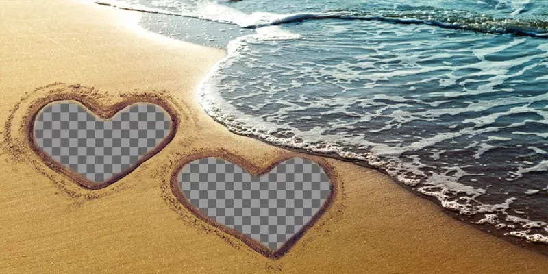 Collage damour avec deux coeurs marqués sur le sable à la plage. ..