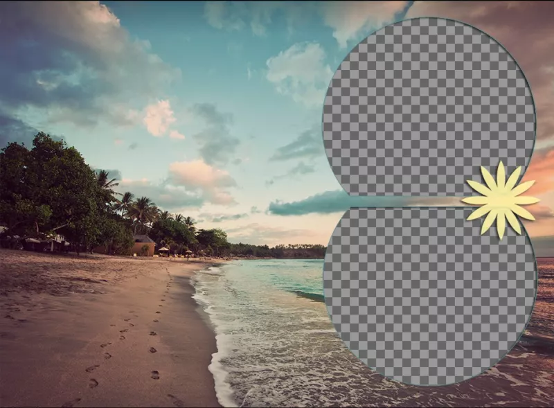 Collage damour sur une plage tropicale pour mettre deux photos sur la mer tandis que le soleil tombe. ..
