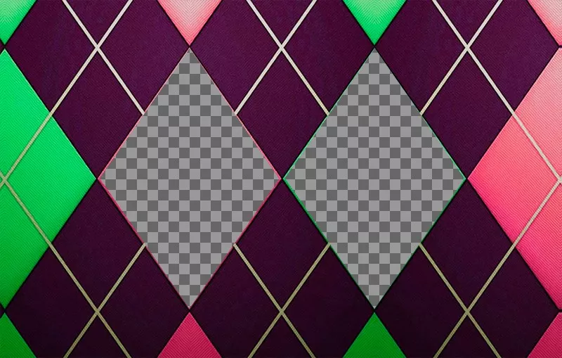 Collage de deux images avec un diamant à motifs vert, rose et violet tweed. ..