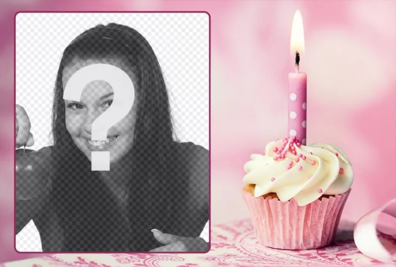 Postal anniversaire rose encadrée photos et un petit gâteau avec une bougie. ..