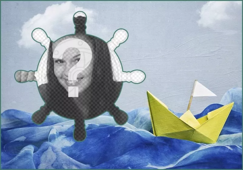 Collage marin avec un bateau en papier sur un fond de peinture et un cadre photo en forme de gouvernail. ..