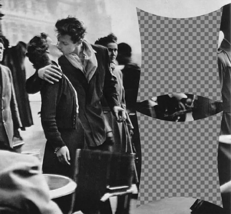 Collage de deux photos avec une scène damour à Paris dans les années 50 ..