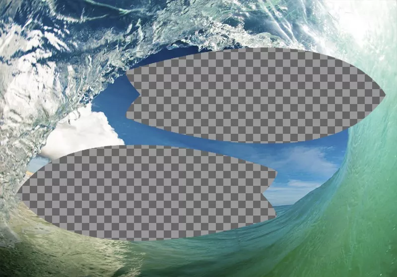Collage des vagues et le surf entre deux cadres photo en forme de planche de surf. ..