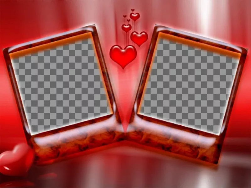 Cadre pour deux photos avec un fond rouge et les cœurs. Idéal pour les amoureux le jour de Valentines. Très..
