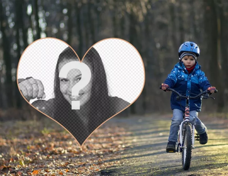 Cadre photo dun enfant à vélo et votre image dans un cœur. ..
