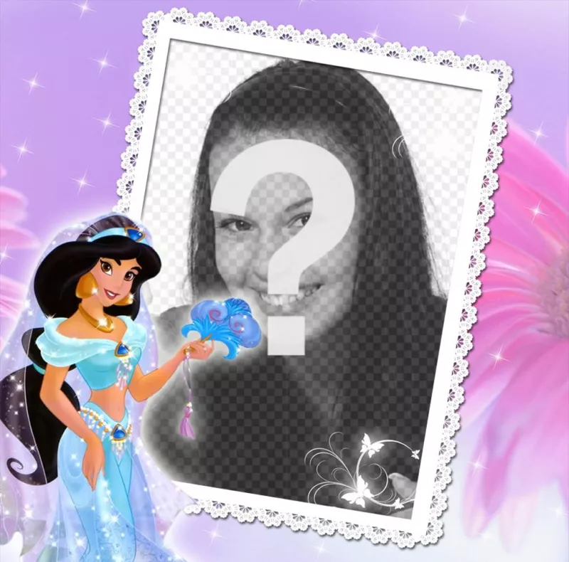 Cadre pour modifier avec votre photo et dêtre avec la princesse Jasmine de Aladin de la Modifier cet effet photo en ligne dun cadre avec votre photo préférée avec Disney Princesse Jasmine et décorer vos images avec ce cadre violet que vous pouvez faire sans coût et très..