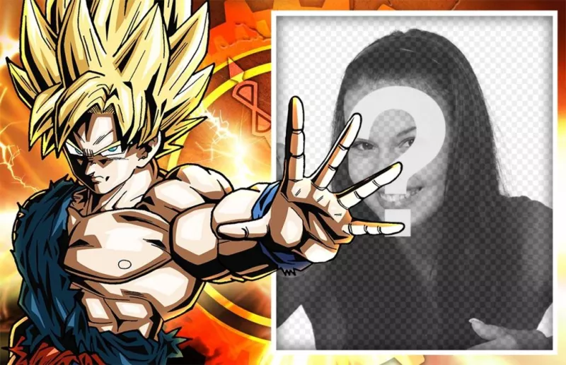 Effet photo avec Goku en tant que super sayayin pour modifier avec effet en ligne votre photo pour les fans de Dragon Ball où vous pouvez mettre une photo avec Goku en tant que super sayayin. Cet effet est gratuit et vous pouvez partager avec des amis ou imprimer si vous aimez..