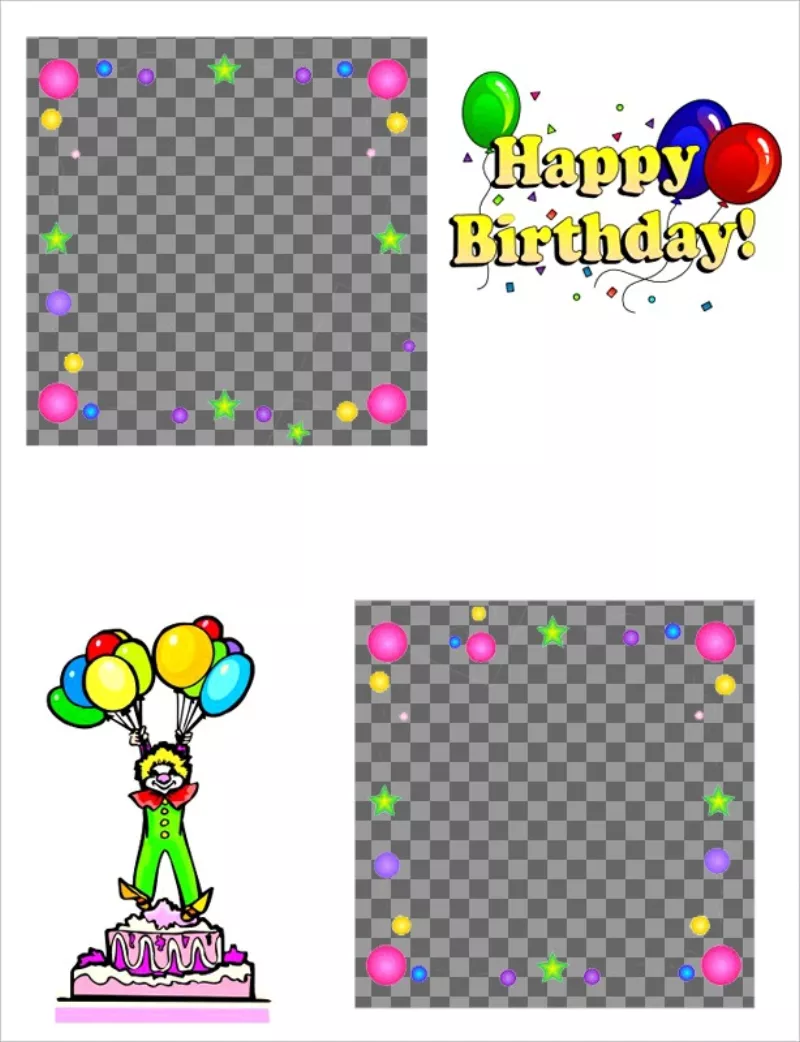 Carte d'anniversaire pour deux photos, avec des motifs de gâteau, clown et..