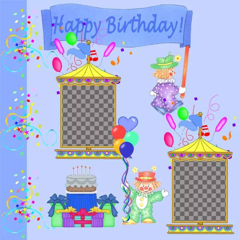 Carte de voeux d'anniversaire personnalisé avec 2 photos. Clowns et décorations de..