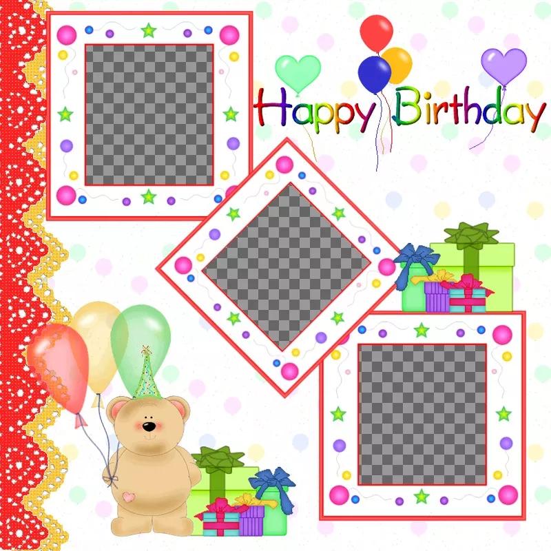 Carte postale / carte d'anniversaire pour les 3 photos avec des ballons et Teddy Bear..