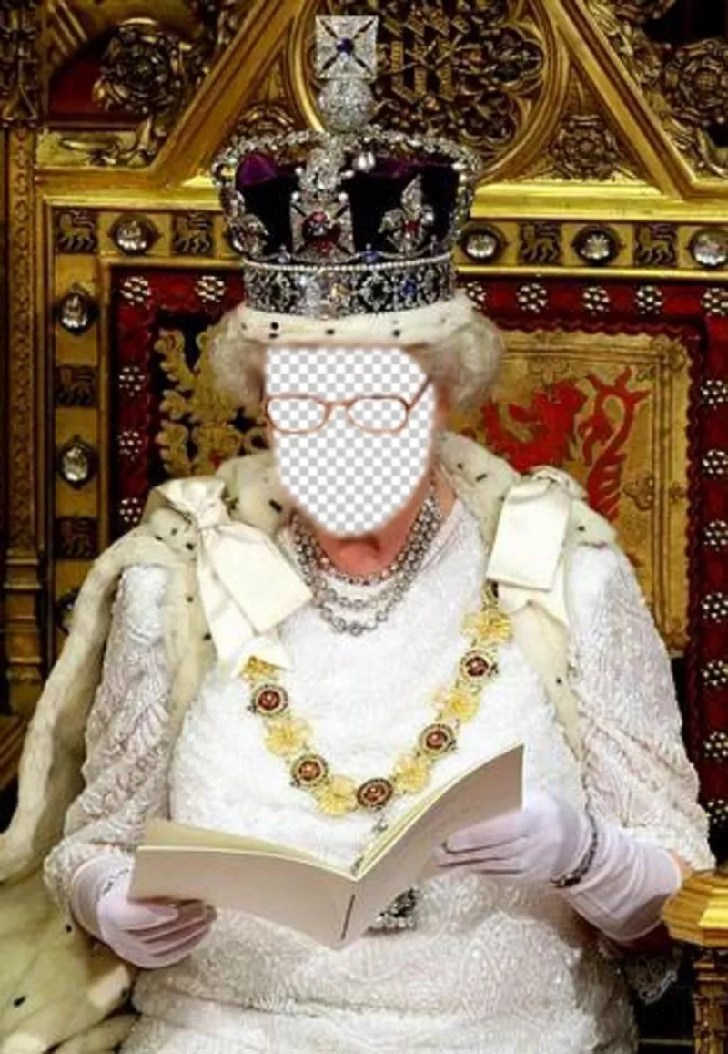 Dans ce photomontage, vous serez la reine dAngleterre assis sur Photomontage de son trône royal pour éditer en ligne et télécharger une photo que vous pouvez régler le visage dans le visage de la reine dAngleterre, assis sur son trône royal et avec la grande couronne..