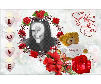 cadre photo avec le mot amour sous forme dquotun ours peluche avec coeurs roses