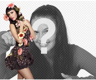 photomontage avec chanteuse katy perry avec les fleurs et le style pin-up avec robe noire et les cheveux noirs avec bang