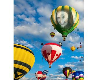 photomontage avec des ballons colores volant dans le ciel bleu ou vous pouvez mettre une photo sur le tissu dun des ballons