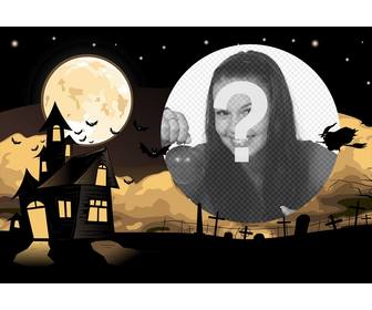 collage halloween avec une maison et un cimetiere