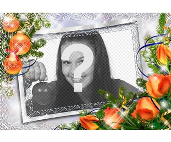cadre photo noel avec des boules et des fleurs doranger