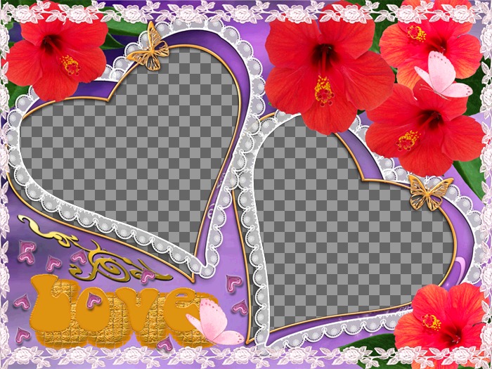 Set de deux cadres photo, en forme de coeur, de fleurs et papillons apparaissent. Idéal pour représenter l'amour d'un partenaire. Violet..
