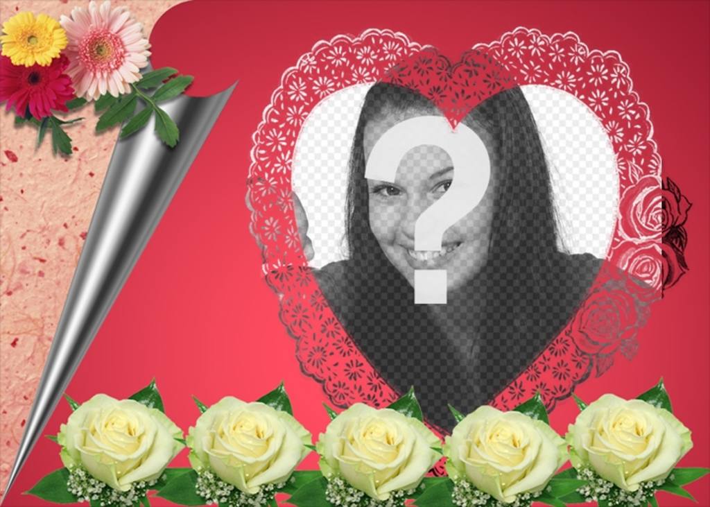 Photomontage constitué d'un rose romantique dans votre photo apparaît dans un cadre en forme de cœur accompagné de fleurs et de papier d'emballage. Idéal pour les amoureux. Pour envoyer un e-mail cette..