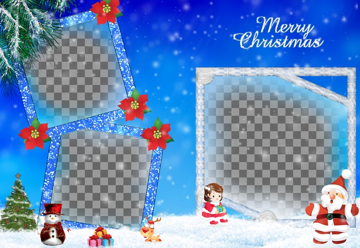 Carte de Noël dans laquelle nous incluons trois photographies. Il se réfère aux cadeaux du Père Noël et montre l'arbre de Noël, un bonhomme de neige et de cadres bleus avec effet scintillant ornée de plantes..