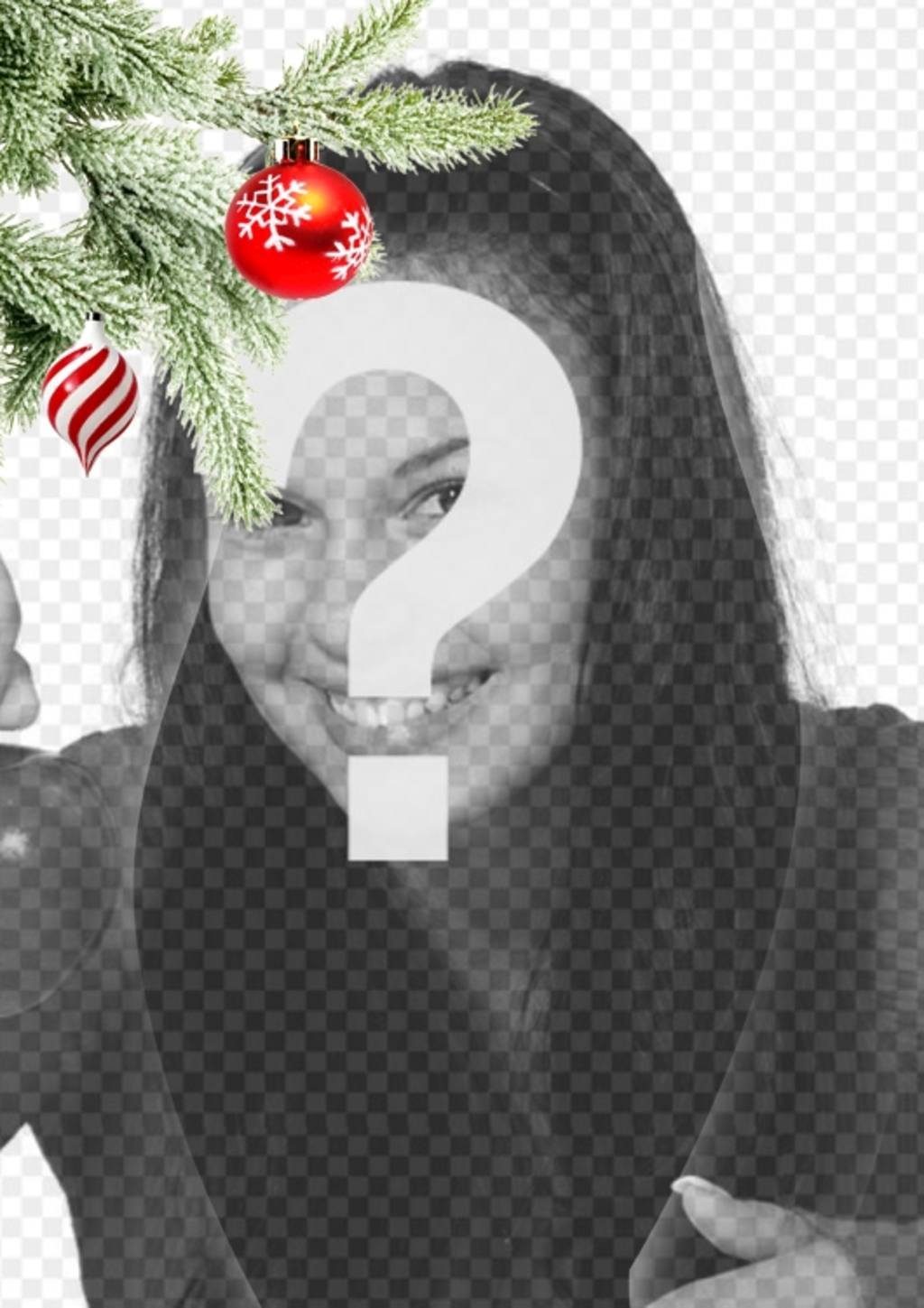 Carte postale / cadre photo de Noël où vous mettez une image. Effet de courbes améliorées sur fond noir. Au premier plan on voit une branche d'arbre de Noël accroché avec deux balles, une dans la forme de la crème glacée ou une tornade, est spirales blanches et rouges,..