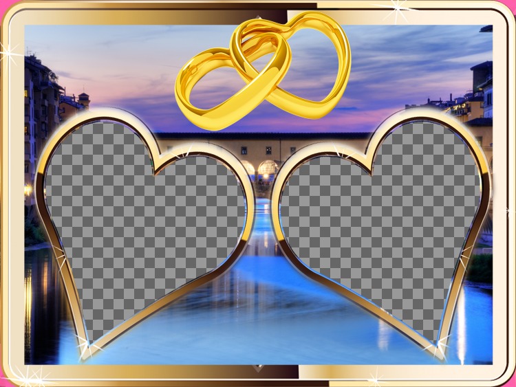 Composition avec deux médailles d'or à pans, en forme de coeur pour deux photos et un coucher de soleil milieu urbain. voir ci-joint deux anneaux d'or en forme de..