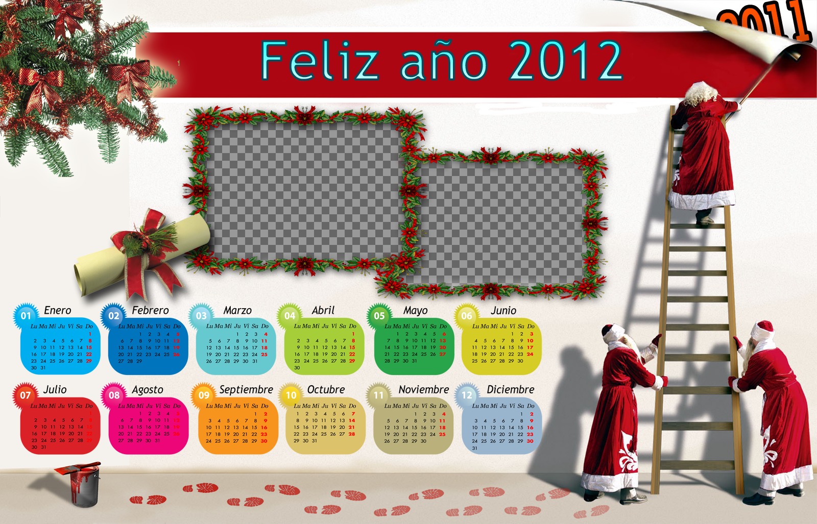Calendrier 2012 avec les mois coloresy Noël et le Père Noël..