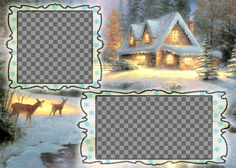 Carte de Noël de charge où vous pouvez mettre deux images, fond village enneigé et un..