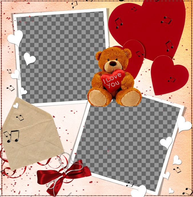 Carte postale de le faire en ligne pour deux photos, avec une décoration d'un ours en peluche, coeurs et de la..
