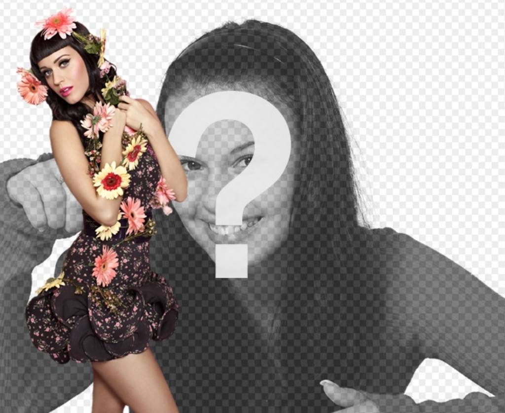 Photomontage avec la chanteuse Katy Perry avec les fleurs et le style de pin-up avec robe noire et les cheveux noirs avec..