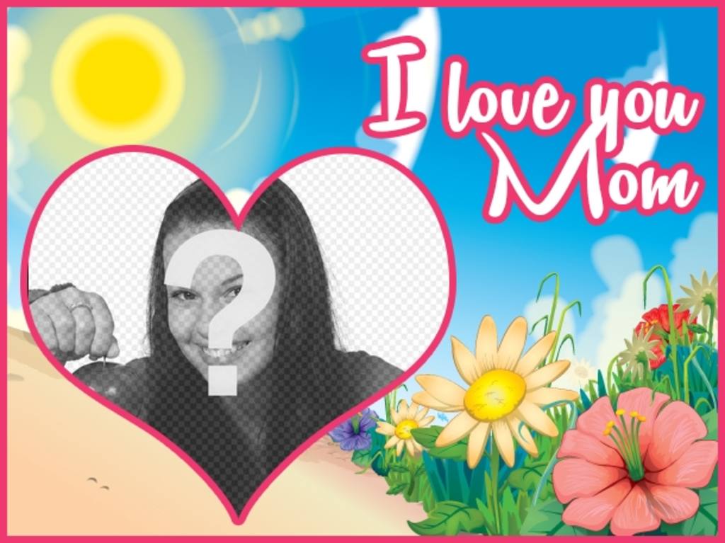 Carte postale du jour de mère personnalisable avec une photo et un texte avec la phrase "Je t'aime maman" sur un dessin de paysage..