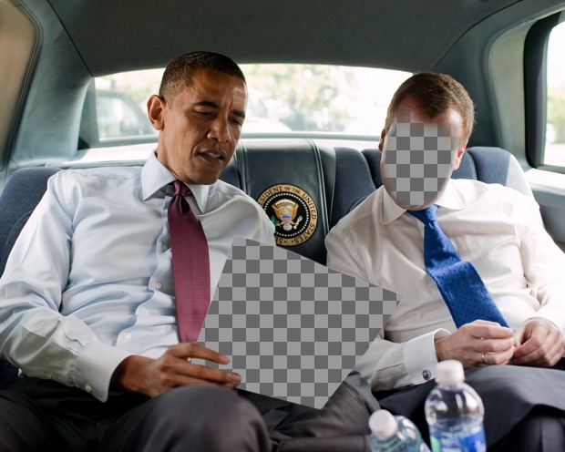 Photomontage avec le président Obama dans sa voiture tenant la photo que vous voulez et accompagné par une autre personne que vous pouvez personnaliser avec votre..